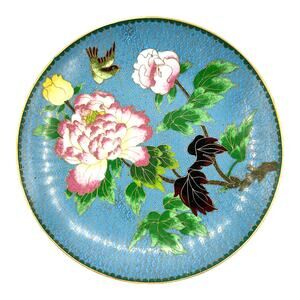 Vintage Cloisonné Footed Dish Peonies Bird Floral Enamel